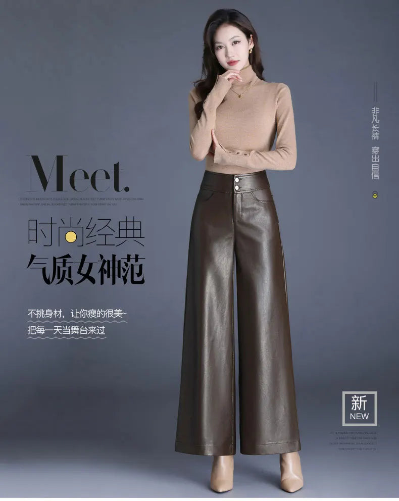 Pantalón Cuero Mujer Pierna Ancha - Pantalón PU Otoño Invierno