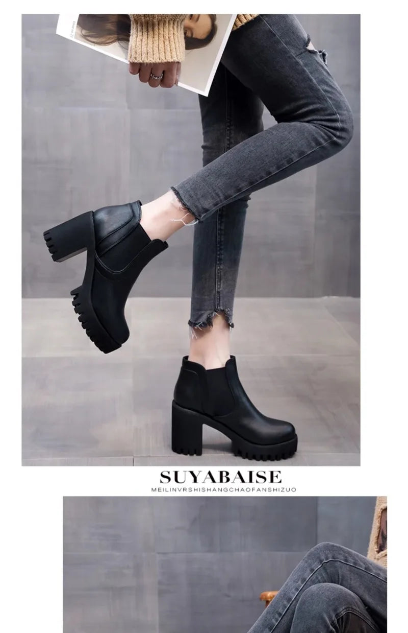 Botas Mujer Alta Calidad Casual - Suela Gruesa Tacón Alto Negro Trabajo