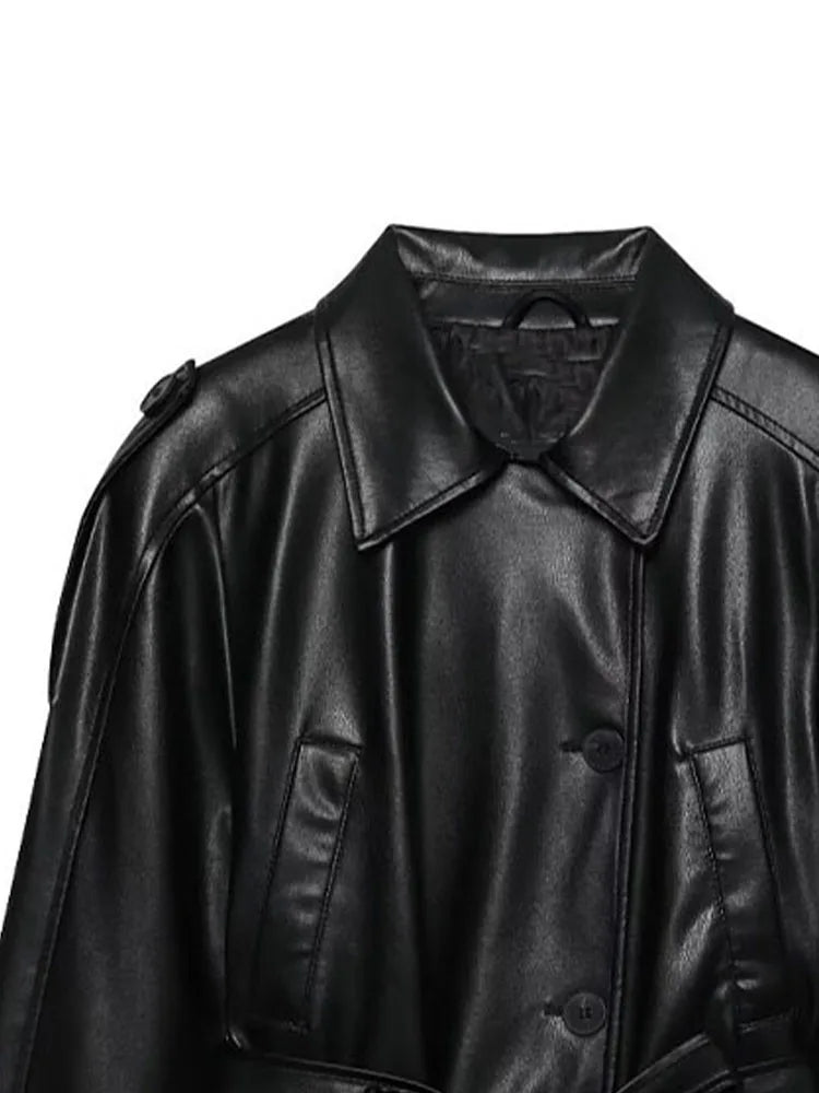 Chaqueta Cuero Mujer Imitación - Chaqueta Retro Cinturón Joker 2025