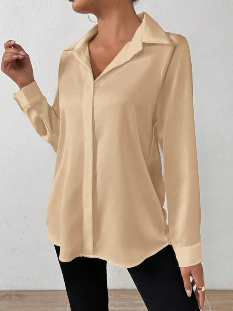 Blusa Satén Mujer Manga Larga - Camisa Elegante Seda