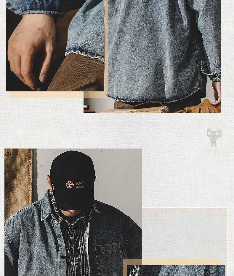Camisa Denim Hombre Retro Trabajo - Casual Chaqueta Primavera Otoño Azul Manga Larga
