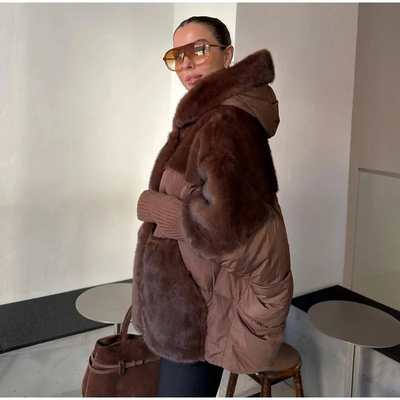 Abrigo Mujer Capucha Patchwork - Abrigo Manga Tejida Oversize 2025