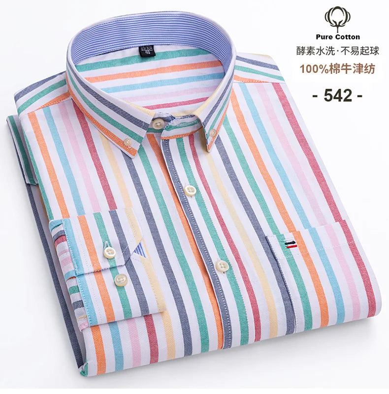 Camisa Hombre Oxford 100% Algodón - Manga Larga Rayas Bolsillo Formal Tallas Grandes