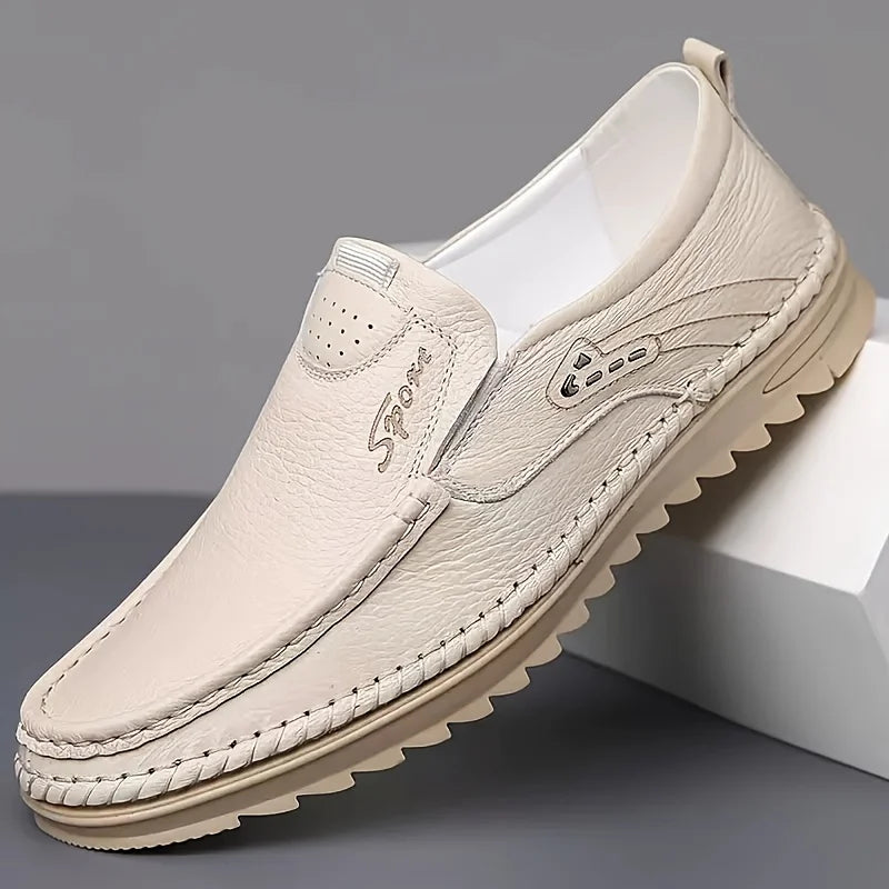 Loafers Hombre Cuero Clásicos - Elegantes Beige Slip-On Punta Redonda Business Casual