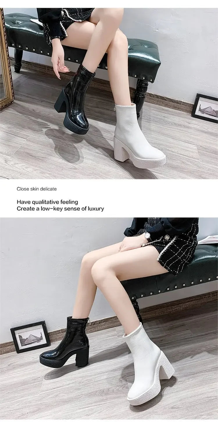 Botas Tobillo Mujer 2025 Plataforma - Cuero Tacón Alto Diseñador Goth
