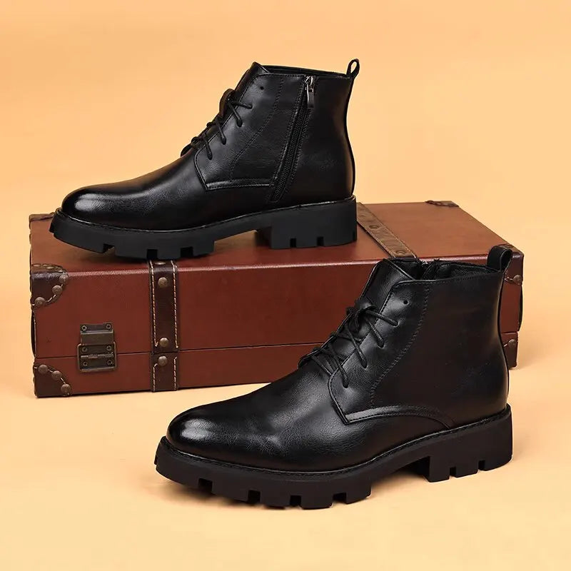 Botas Hombre Cuero Natural Negras - Casual Otoño Invierno Cowboy Platform Business Oficina Tobillo
