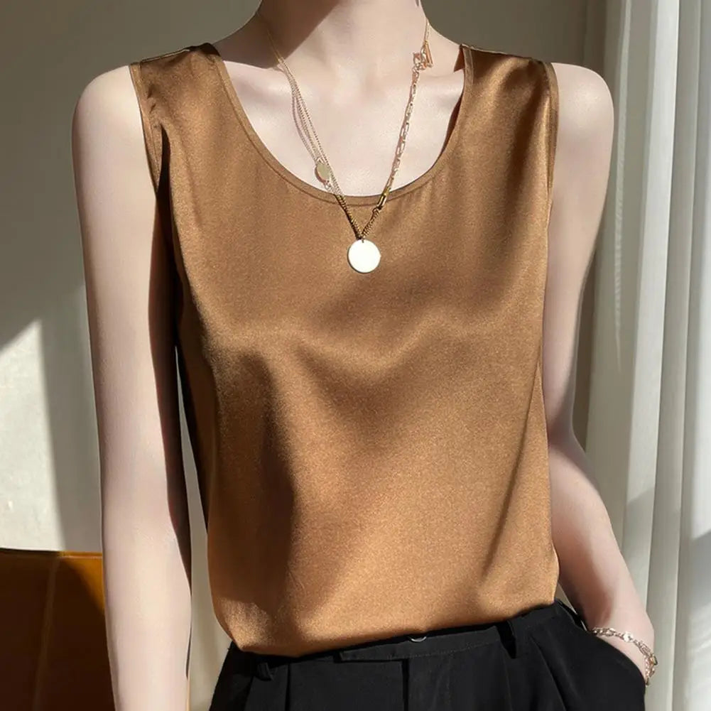 Top Satén Mujer Sin Mangas Verano - Camisola Cuello Redondo Elegante