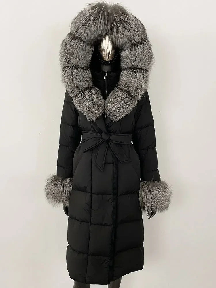 Abrigo Mujer Plumas Pato Piel Mapache - Chaqueta Larga Invierno Lujo