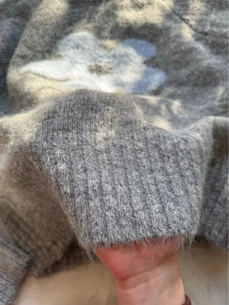 Jersey Mujer Invierno Flores Gris - Punto Holgado Cálido Vintage