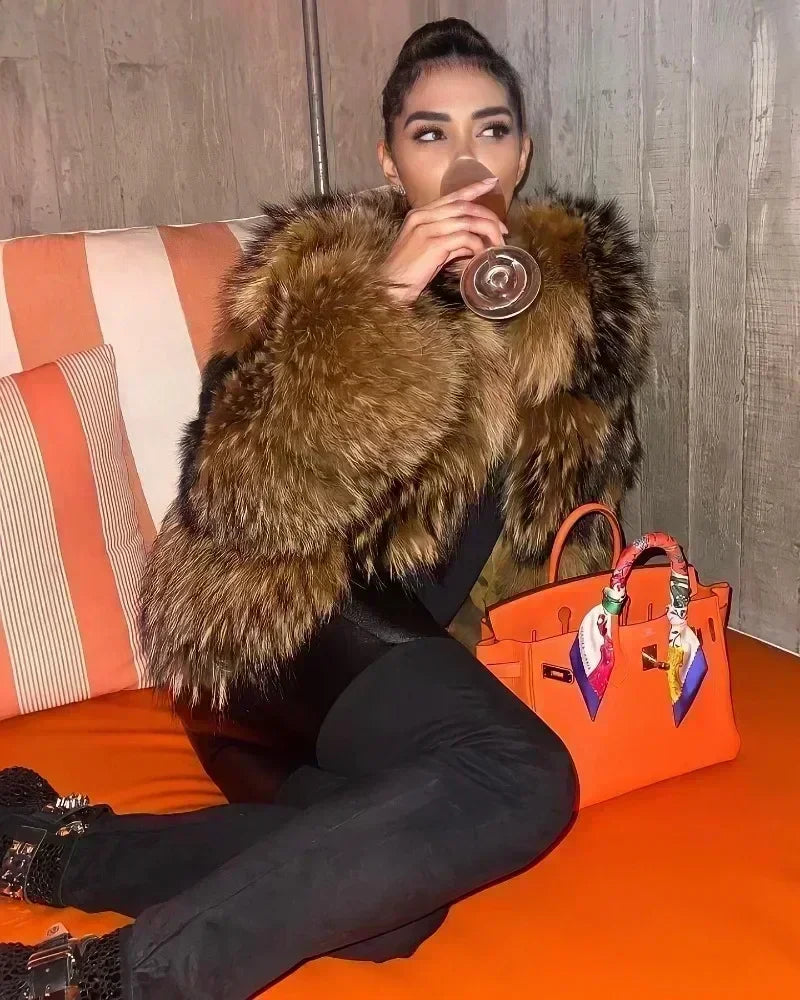 Abrigo Piel Zorro Mujer Invierno 2025 - Chaqueta Lujo Mapache Natural