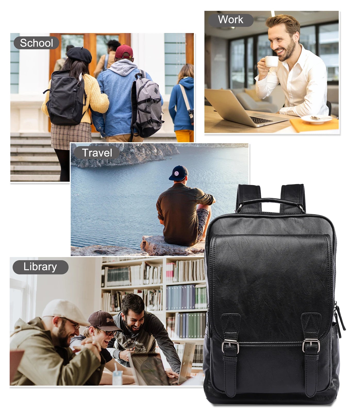 Mochila Cuero Hombre Laptop 14 Pulgadas - Viaje Business Puerto USB Resistente al Agua Daypack