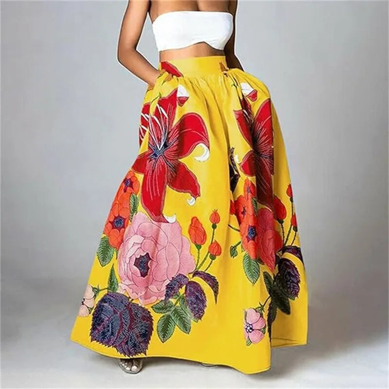Falda Bohemia Mujer Floral - Falda Larga Bolsillos Cintura Alta Vacaciones Retro
