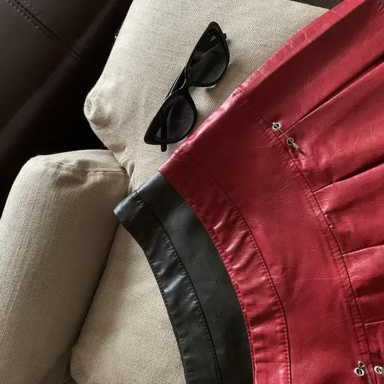 Falda Piel Plisada Mujer Mini - Falda Cuero PU Cintura Alta Roja Negra