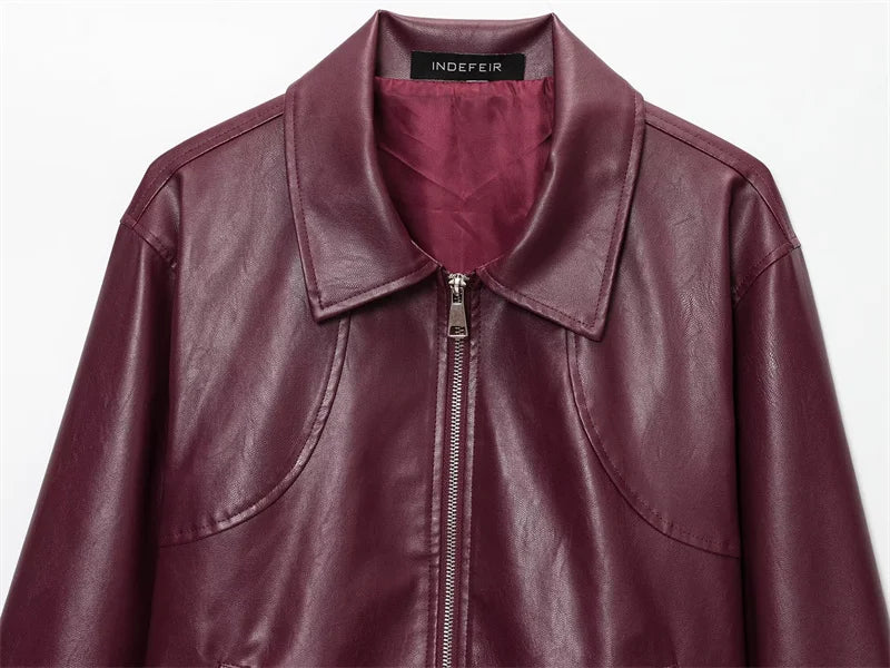 Chaqueta Cuero Mujer Burgundy - Chaqueta Retro Americana 2025