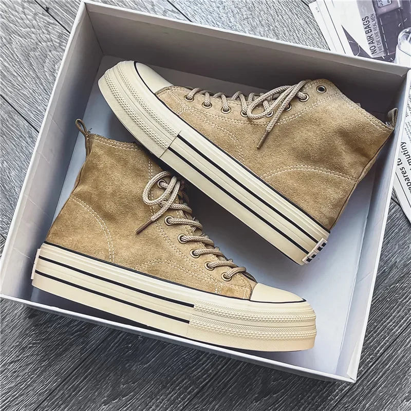 Sneakers Hombre Ante High-Top - Casual Vintage Marrón Botines Tobillo Suela Gruesa Tendencia Cordones