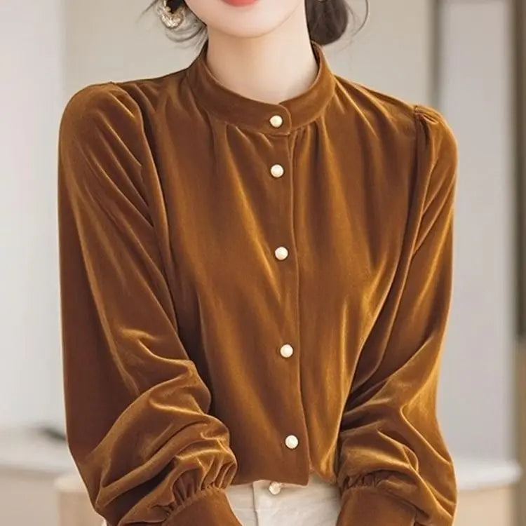 Top Terciopelo Mujer Temperamento - Top Diseño Francés Manga Larga 2025