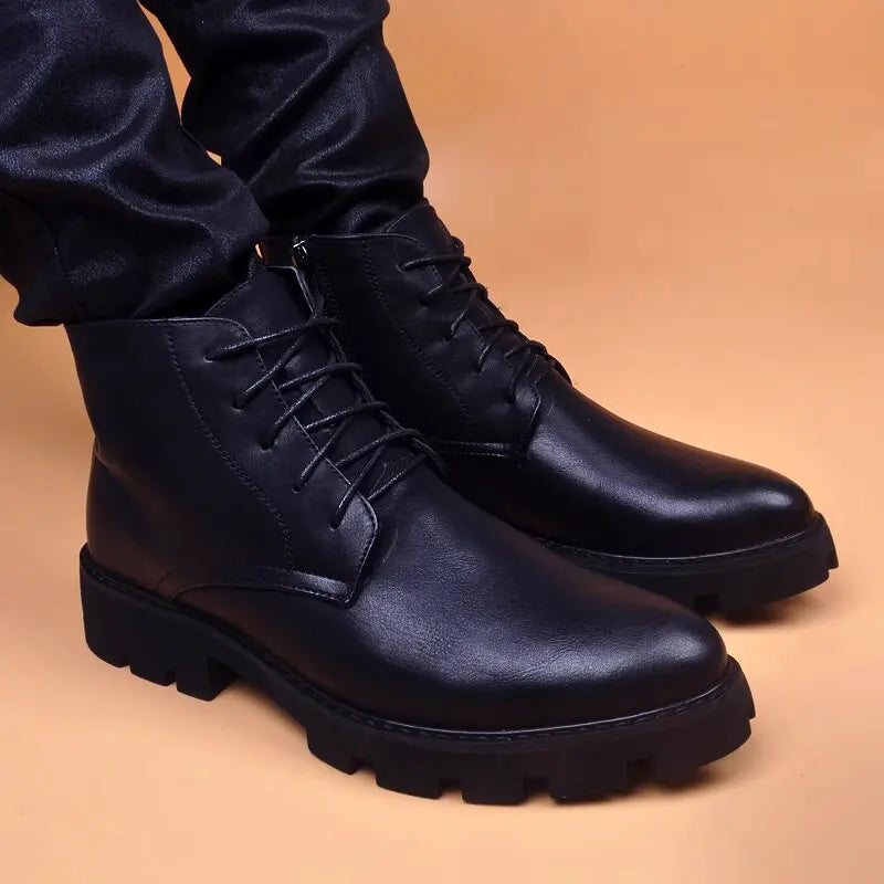 Botas Hombre Cuero Natural Negras - Casual Otoño Invierno Cowboy Platform Business Oficina Tobillo
