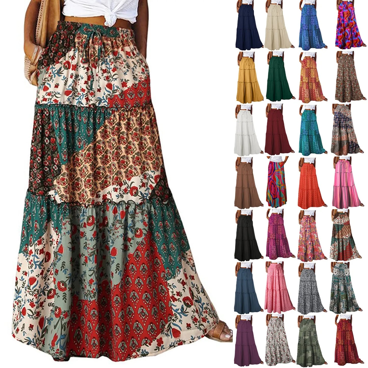 Falda Bohemia Mujer Larga Estampada - Falda Cintura Elástica Bolsillos Primavera