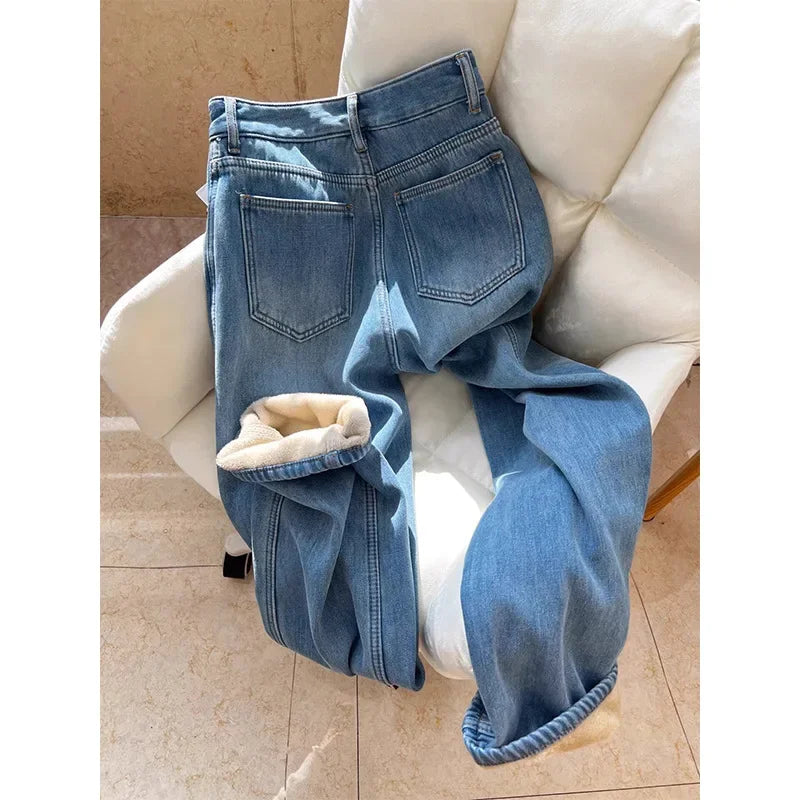 Vaqueros Mujer Forro Polar Invierno - Jeans Pierna Ancha Térmicos Gruesos