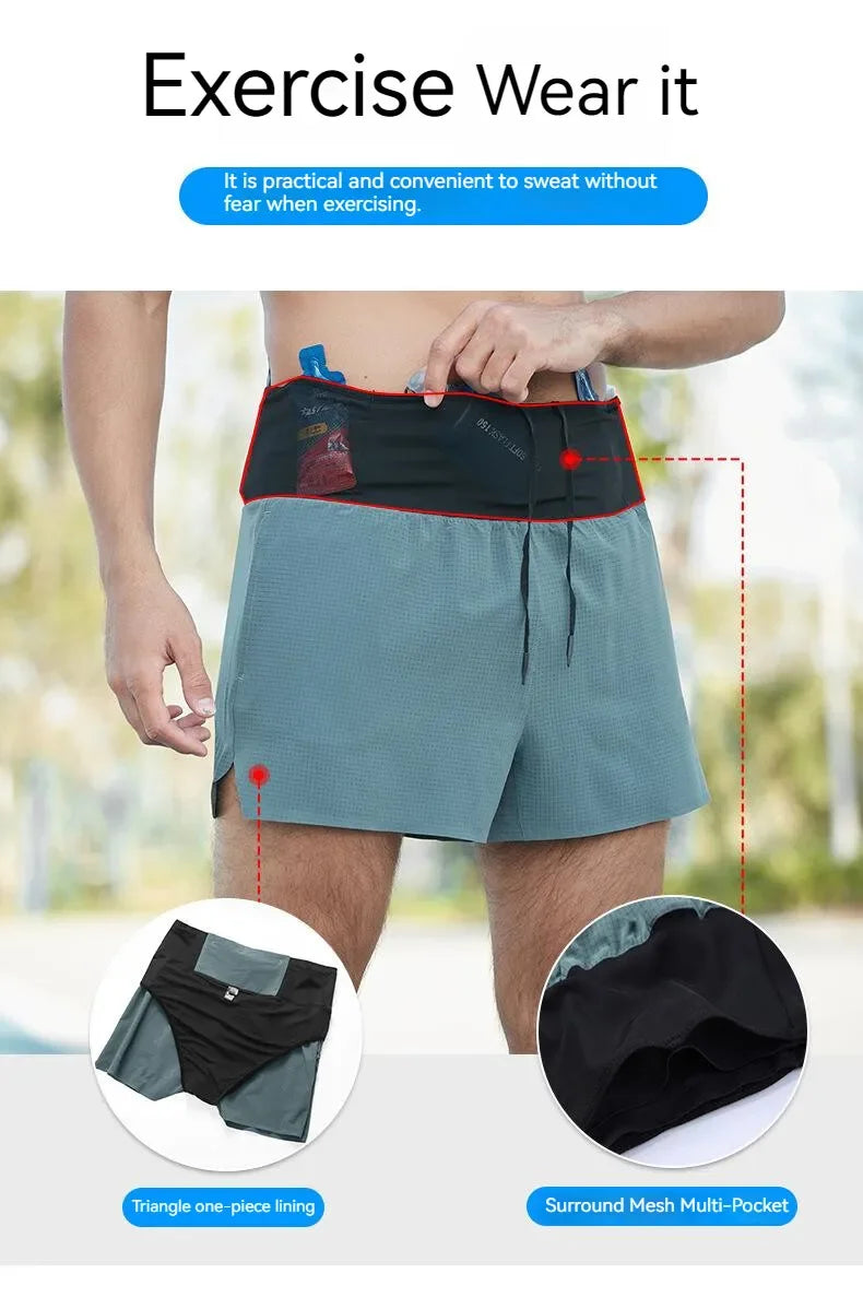 Shorts Running Hombre 2 en 1 Marathon - Pantalones Secado Rápido Multi-Bolsillos Riñonera