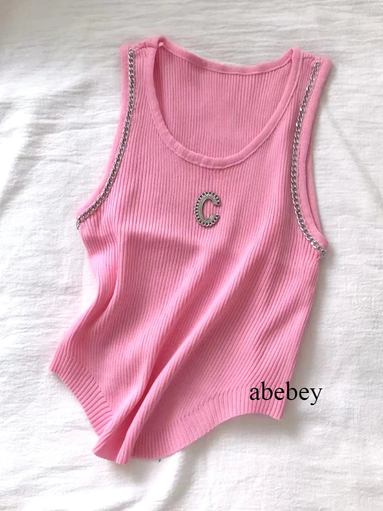 Top Crop Mujer Punto Cadena - Camiseta Sin Mangas Primavera