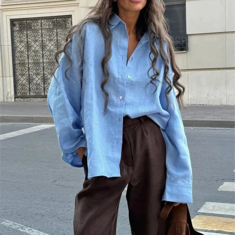 Camisa Mujer Verano Oficina - Blusa Manga Larga Solapa Elegante