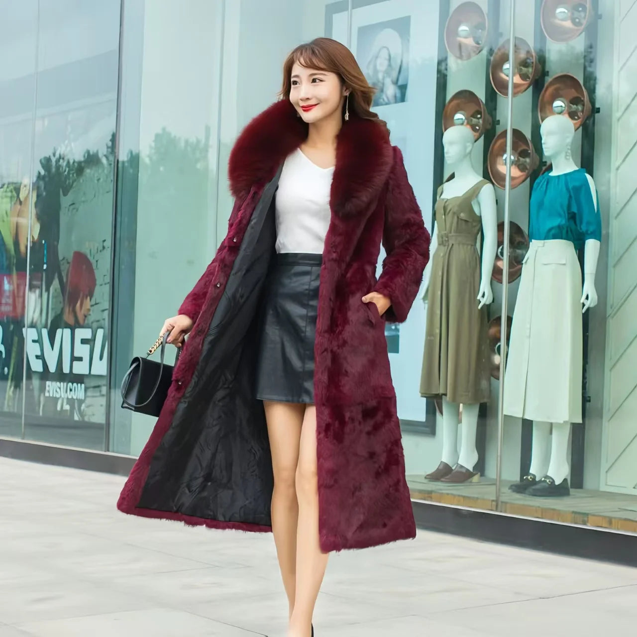 Abrigo Piel Conejo Rex Mujer - Abrigo Largo Cuello Zorro Fashion Invierno