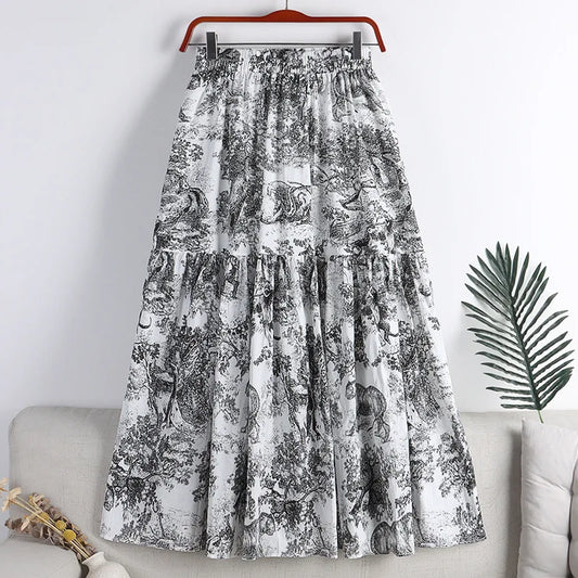 Falda Chiffon Mujer Estampada Antigua - Falda Línea A Cintura Alta Primavera 2025