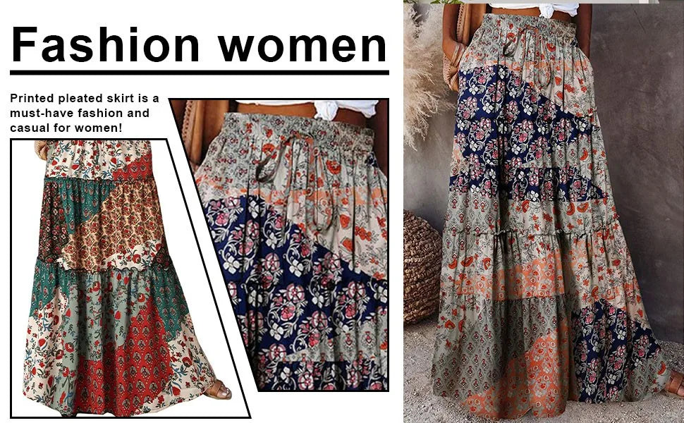Falda Bohemia Mujer Larga Estampada - Falda Cintura Elástica Bolsillos Primavera