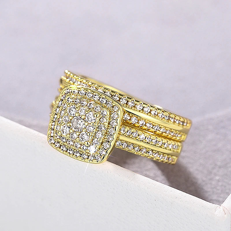 Set 2 Anillos Apilables Doble - Lujo Oro Circonita Compromiso Mujer