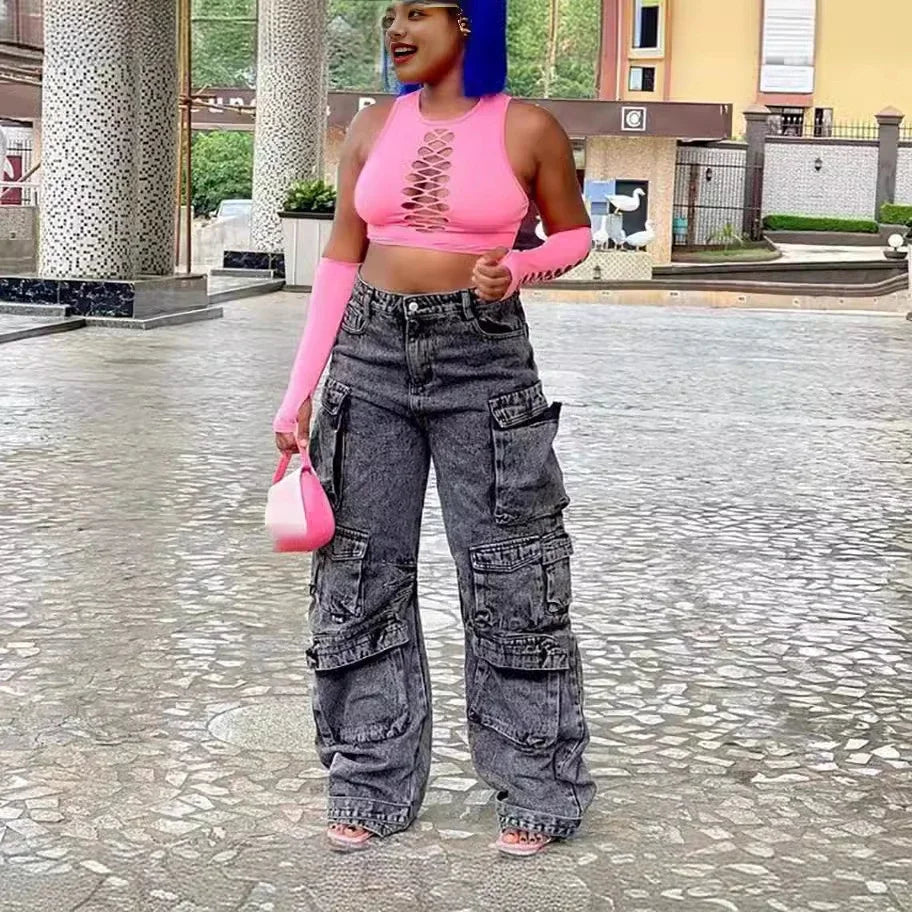 Jeans Cargo Mujer Europeos - Pantalón Multibolsillos Primavera