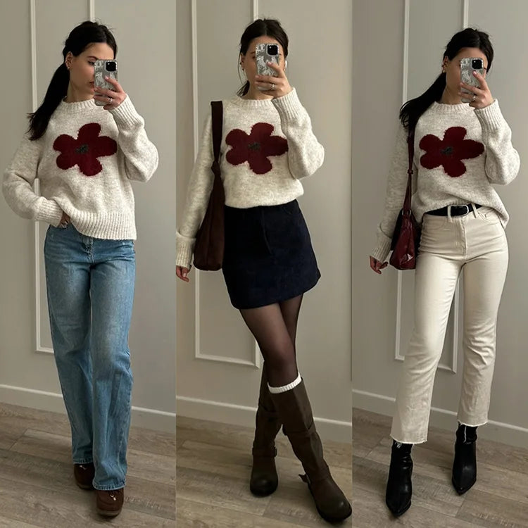 Jersey Mujer Invierno Flores Gris - Punto Holgado Cálido Vintage