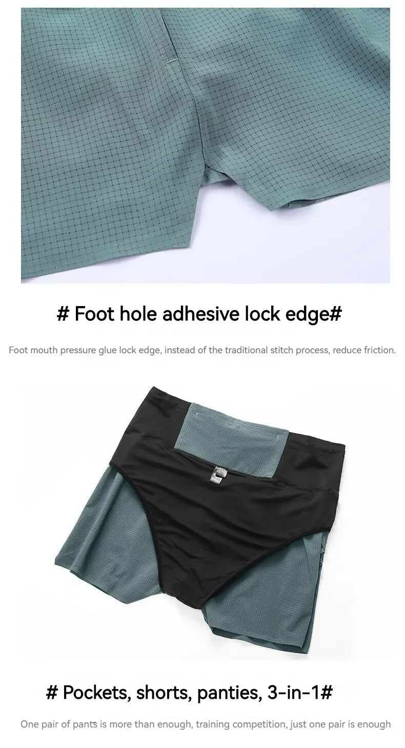 Shorts Running Hombre 2 en 1 Marathon - Pantalones Secado Rápido Multi-Bolsillos Riñonera