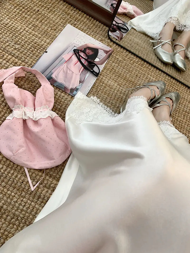 Falda Satén Mujer Larga Elegante - Falda Línea A Encaje Cintura Alta Verano