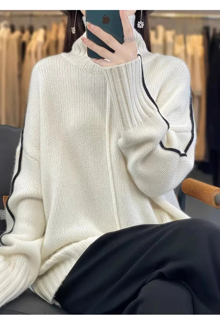 Jersey Mujer Cashmere 100% Cuello Alto - Holgado Grueso Invierno Lujo