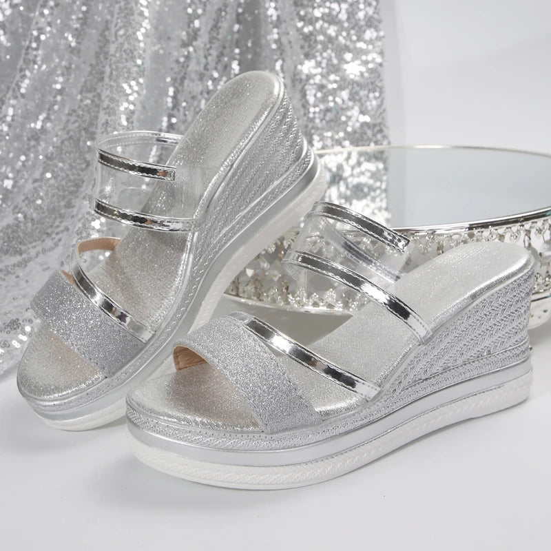 Sandalias Cuña Mujer Luxury Brillantes - Chanclas Plataforma Sexy Tacón Alto Playa
