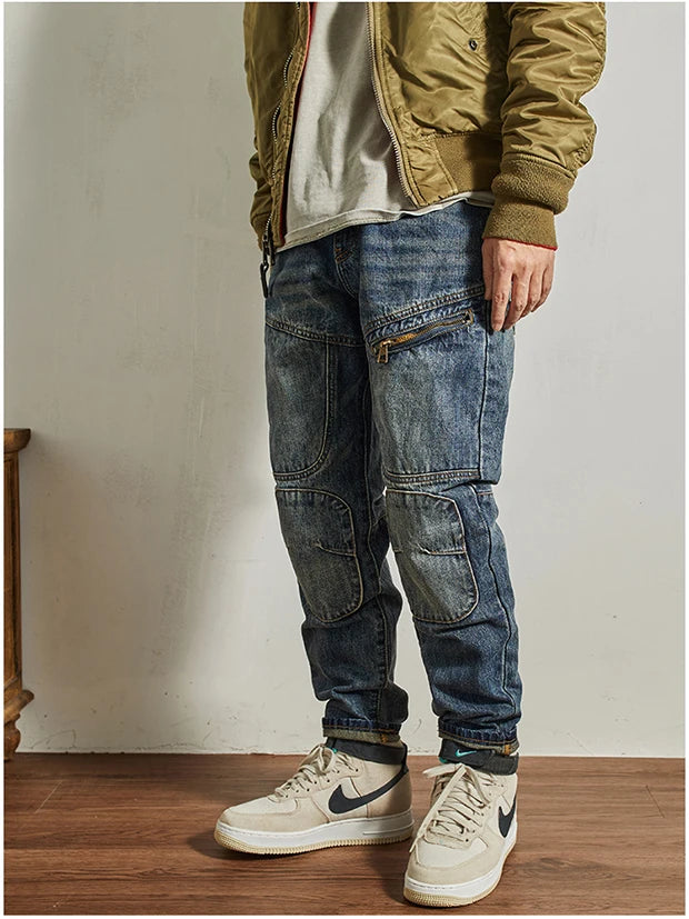 Vaqueros Moto Vintage Americanos - Jeans Cargo Parches Pesados Estilo Retro