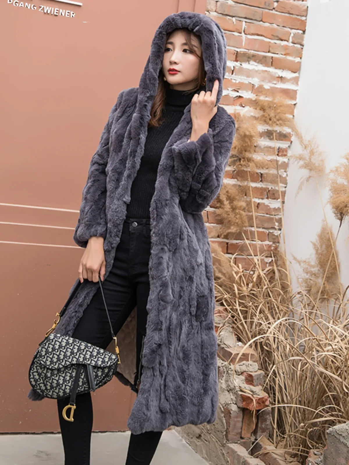 Abrigo Piel Conejo Mujer Capucha - Abrigo Real 110cm Largo Invierno
