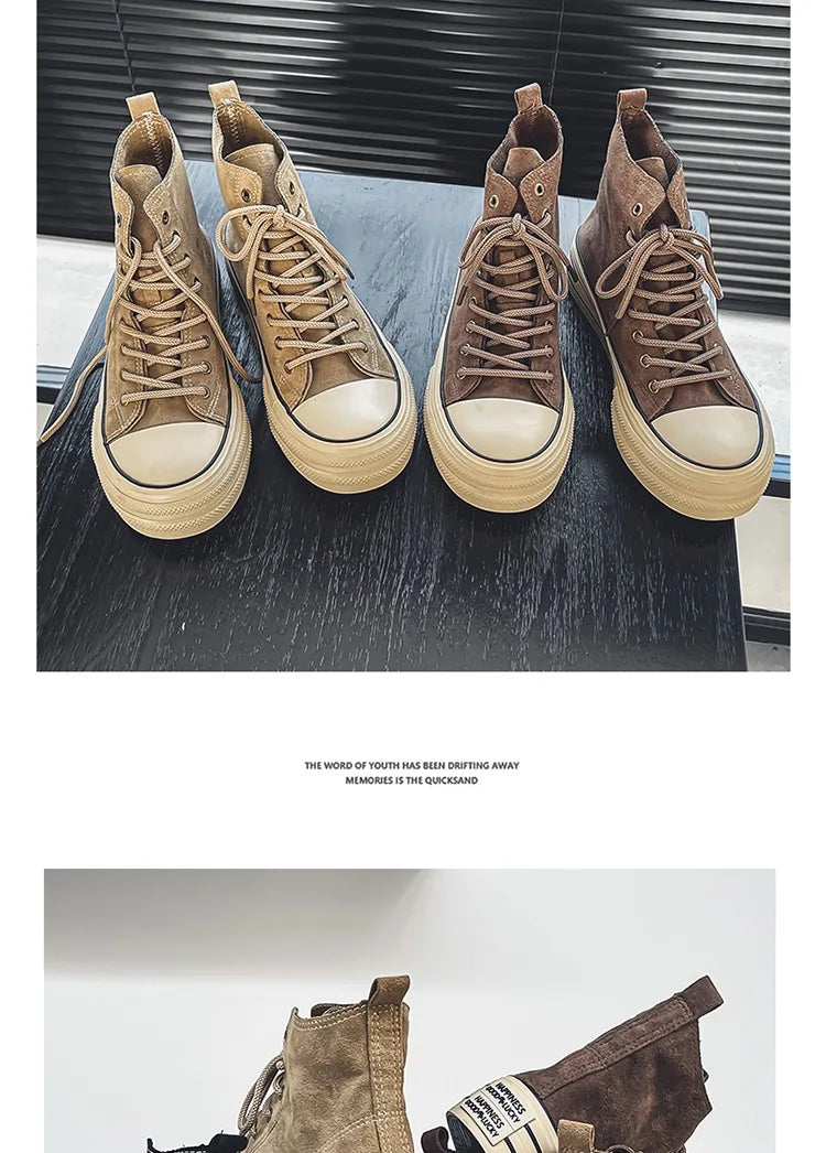 Sneakers Hombre Ante High-Top - Casual Vintage Marrón Botines Tobillo Suela Gruesa Tendencia Cordones