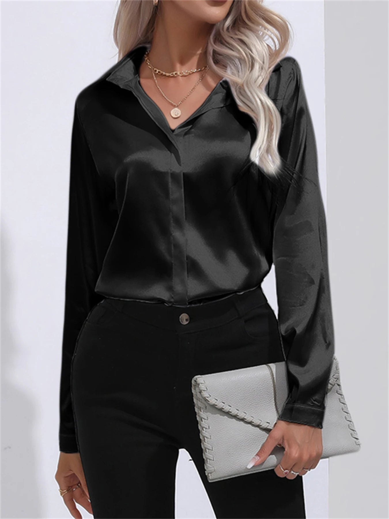 Camisa Satén Mujer Oficina - Blusa Cuello Botón Manga Larga