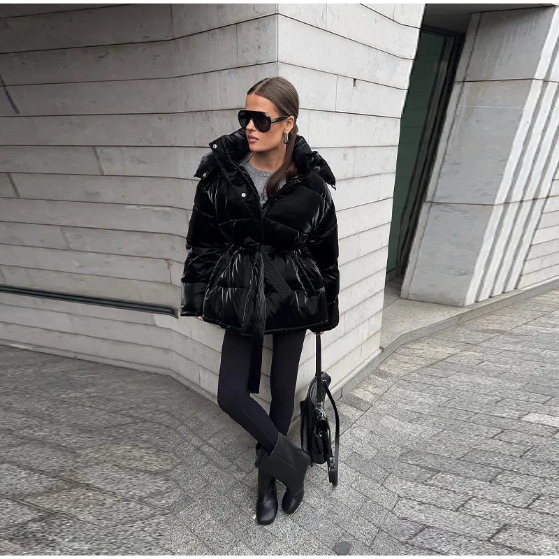 Abrigo Mujer Vintage Brillante - Abrigo Capucha Acolchado Cuello Alto 2025