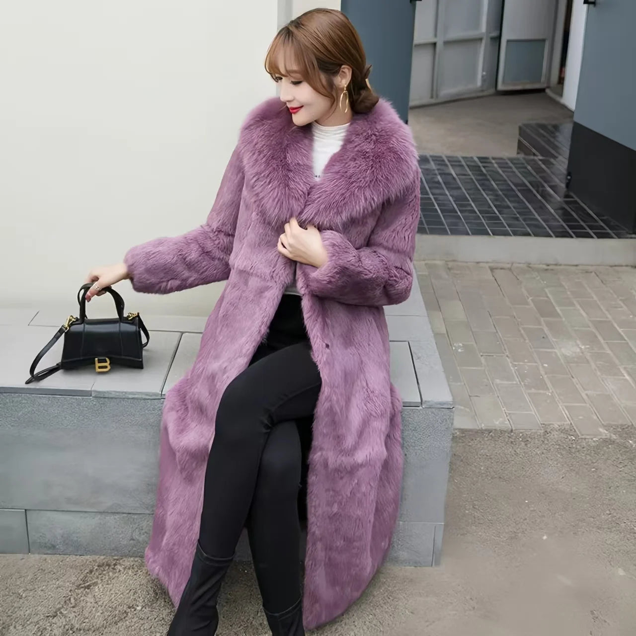 Abrigo Piel Conejo Rex Mujer - Abrigo Largo Cuello Zorro Fashion Invierno