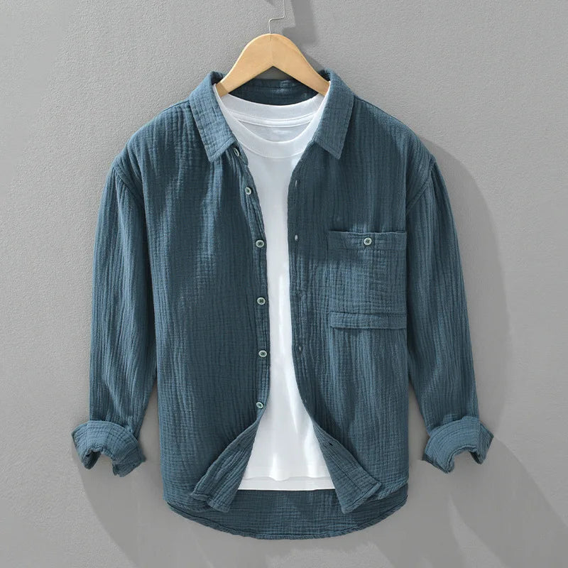 Camisa Hombre Gasa Doble Algodón - Casual Arrugada Manga Larga Suave Transpirable Cuello Cuadrado