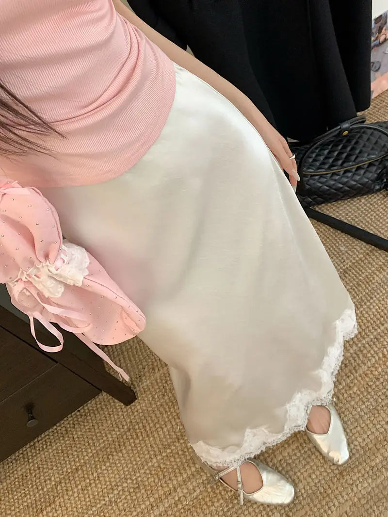 Falda Satén Mujer Larga Elegante - Falda Línea A Encaje Cintura Alta Verano