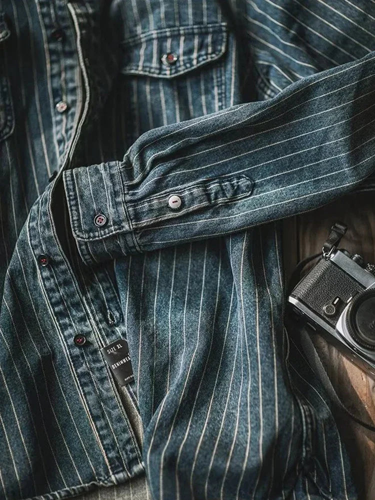 Camisa Denim Hombre Streetwear 2025 Primavera - Manga Larga Rayas Cargo Casual