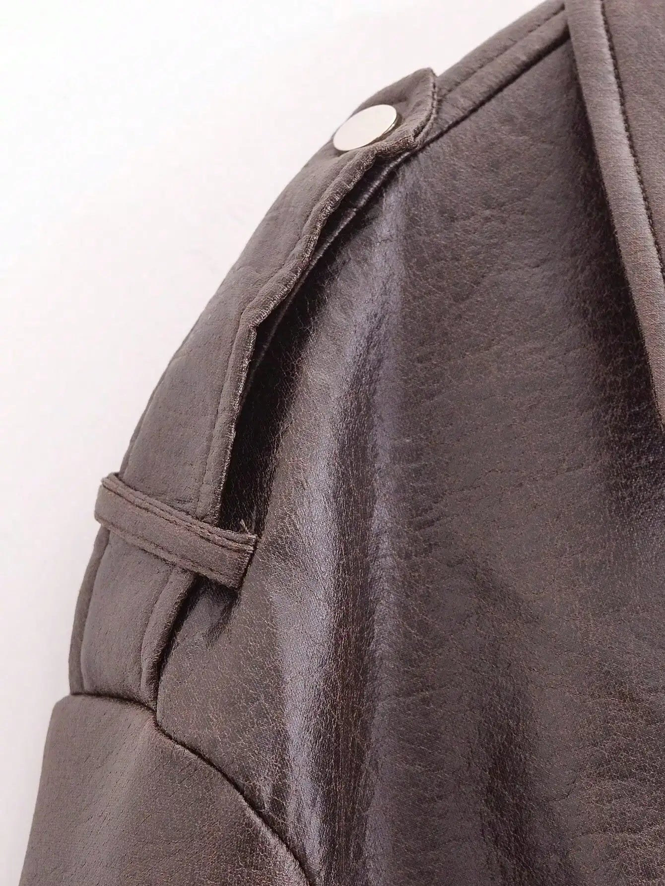 Chaqueta Cuero Mujer Vintage Marrón - Chaqueta Moto PU Cremallera