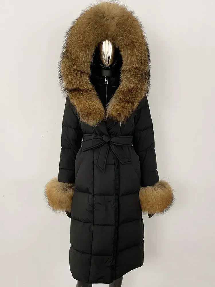 Abrigo Mujer Plumas Pato Piel Mapache - Chaqueta Larga Invierno Lujo