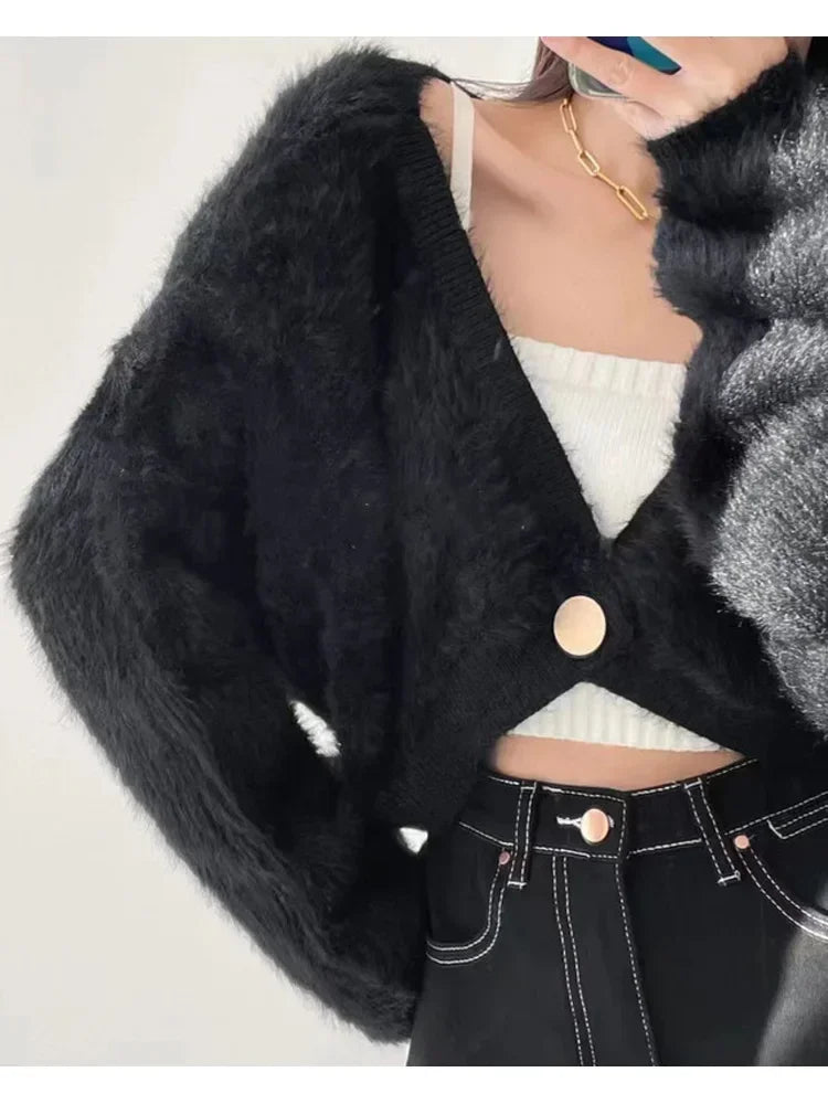 Cárdigan Mujer Corto Cuello V Punto - Sexy Crop Manga Larga Otoño Invierno