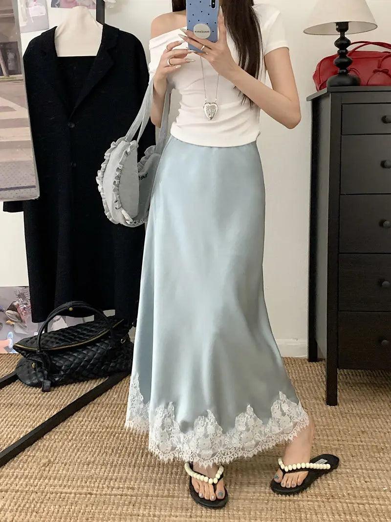 Falda Satén Mujer Larga Elegante - Falda Línea A Encaje Cintura Alta Verano