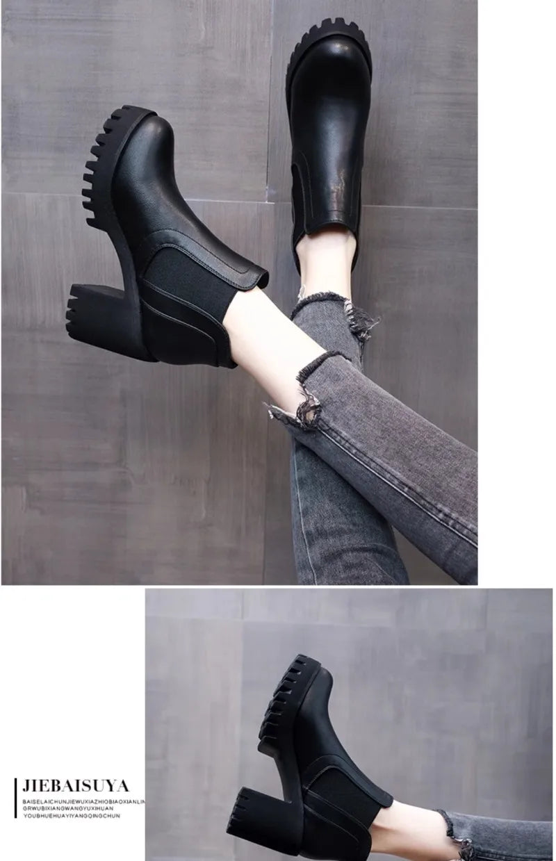 Botas Mujer Alta Calidad Casual - Suela Gruesa Tacón Alto Negro Trabajo
